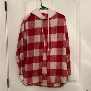 American Eagle Outfitters Red and Cream Plaid Hoodie Shirt